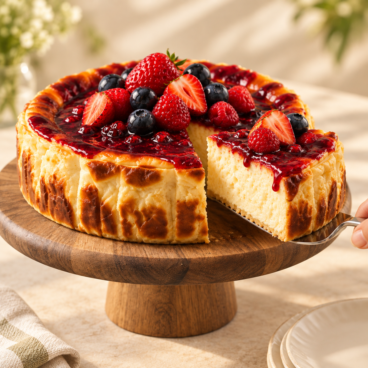 Berry Basque cheesecake being served