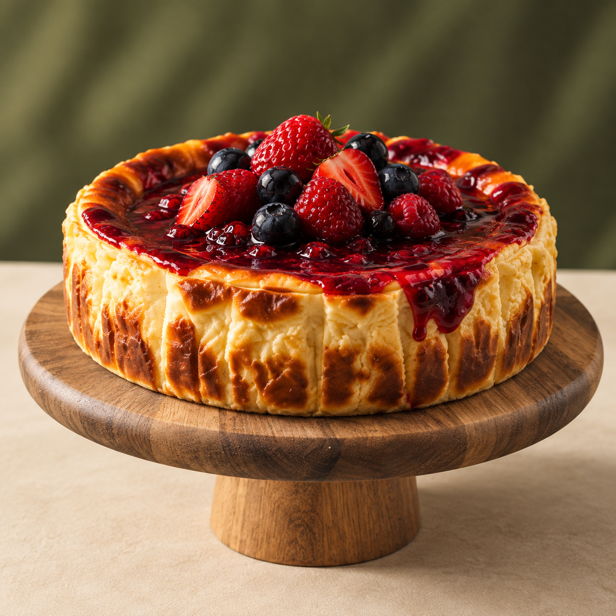 Berry Basque cheesecake on a wooden stand