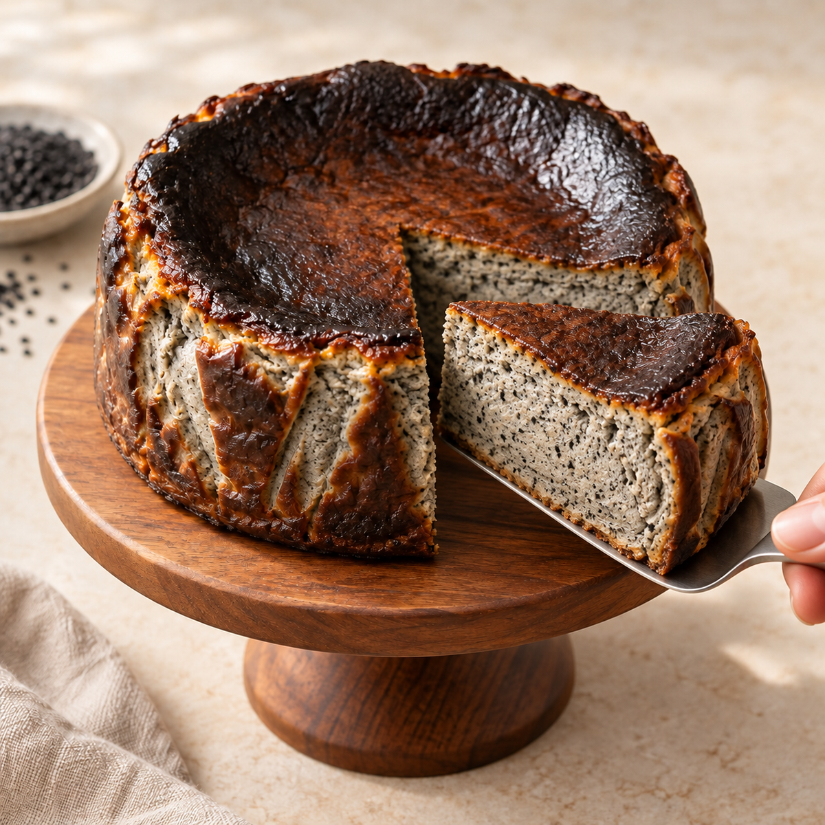 Black Sesame Basque cheesecake being served