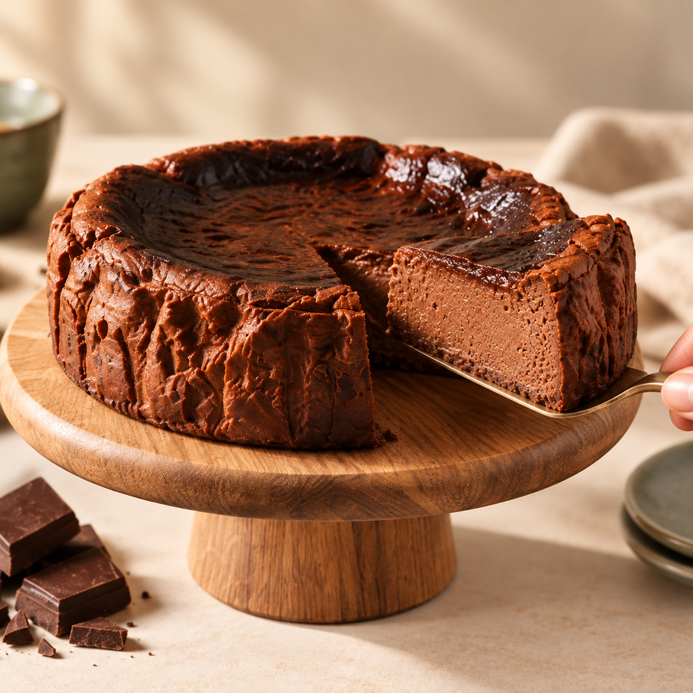 Chocolate Basque cheesecake being served