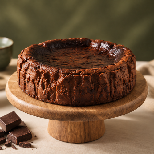 Chocolate Basque cheesecake on a wooden stand
