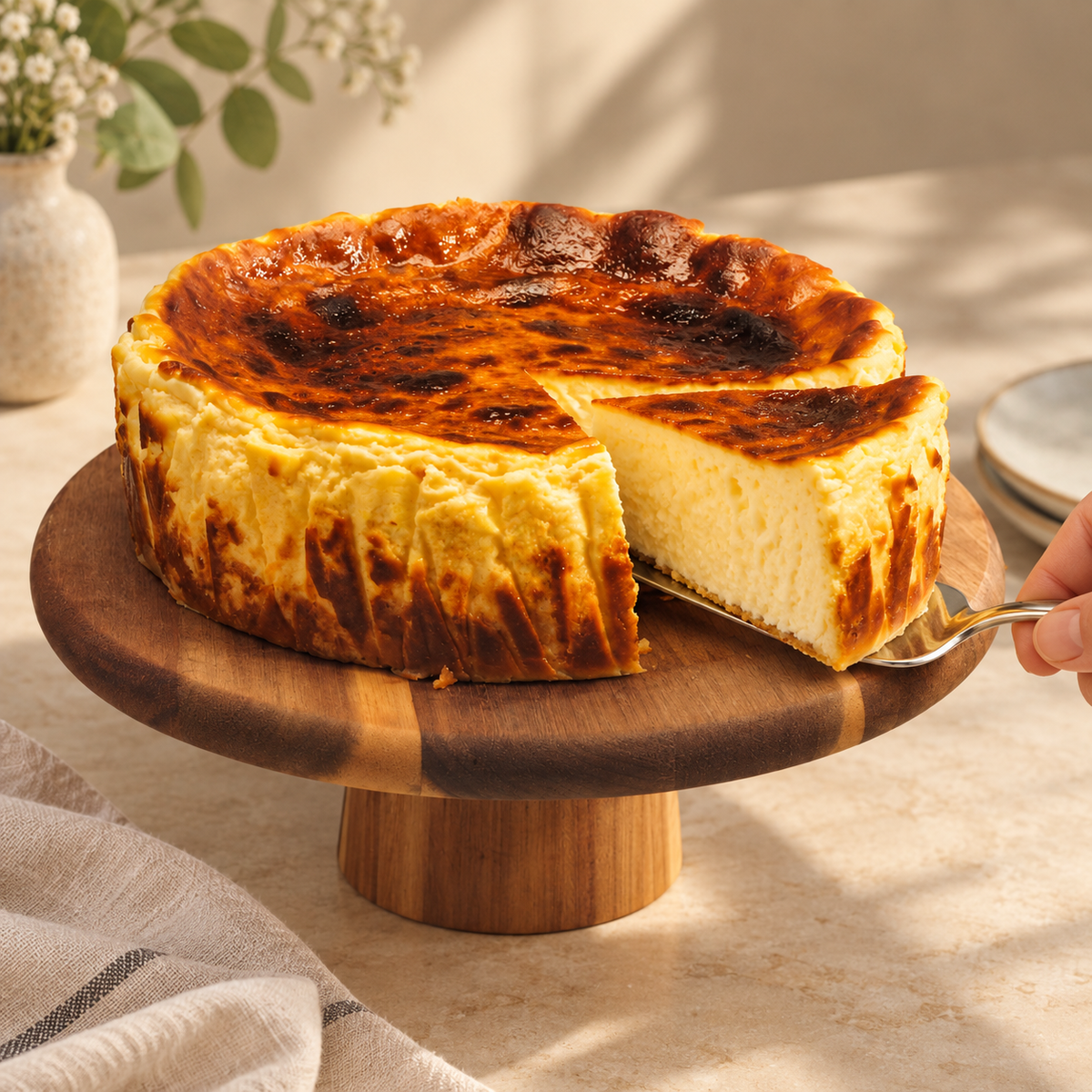 Classic Basque cheesecake being served