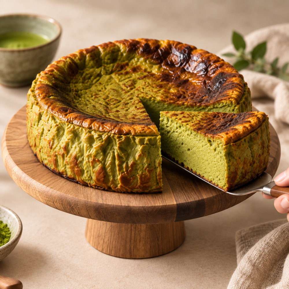 Matcha Basque cheesecake being served