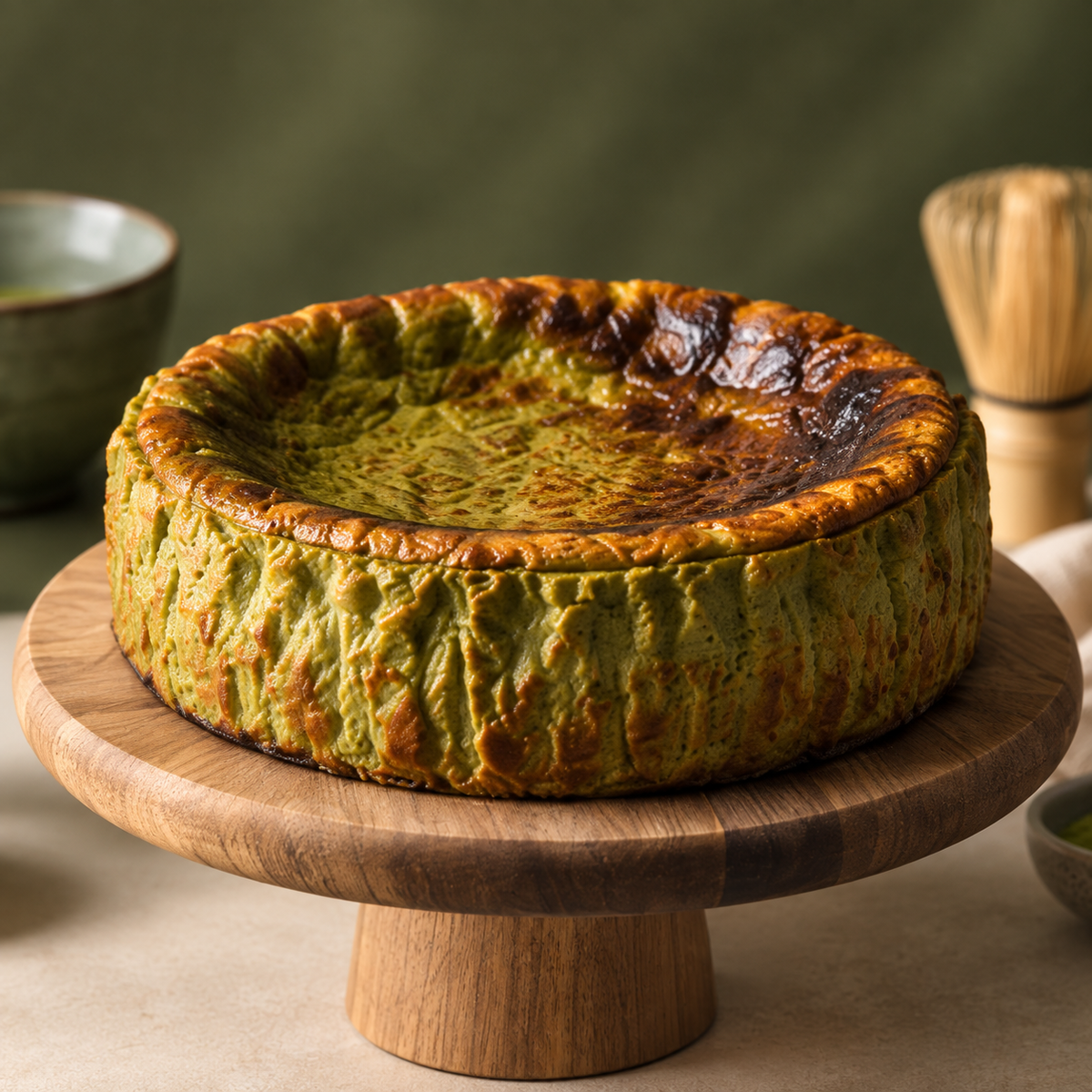 Matcha Basque cheesecake on a wooden stand